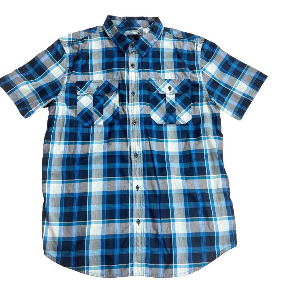 prAna Men Ostend SS Button Front Shirt XL Blue Red Plaid Organic Cotton Blend